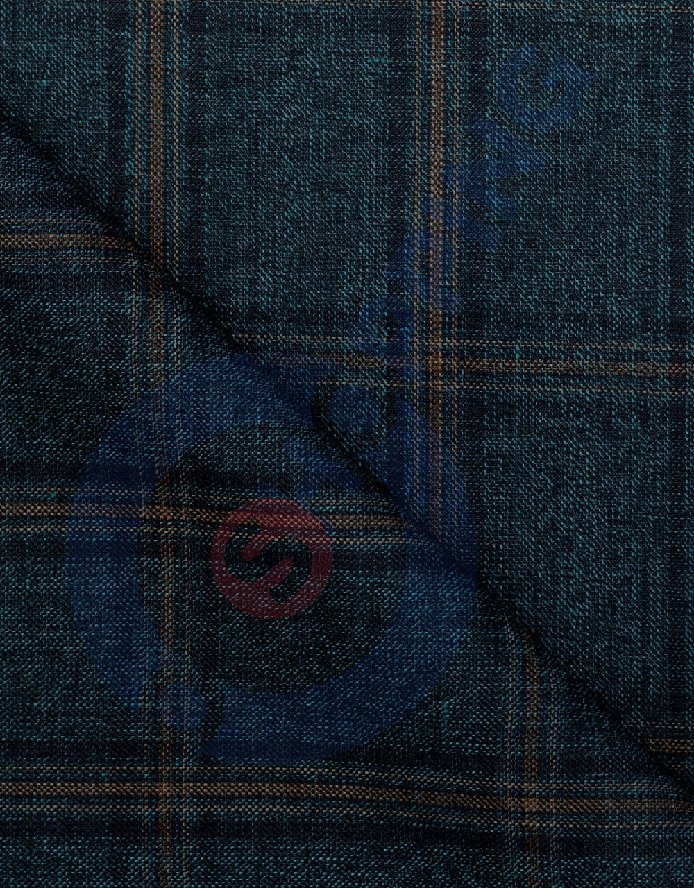 Dark Teal, Brown & Black Windowpane Check Fabric