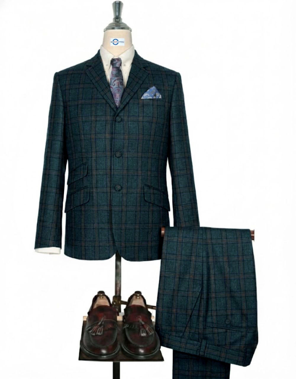 Dark Teal, Brown & Black Windowpane Check Suit