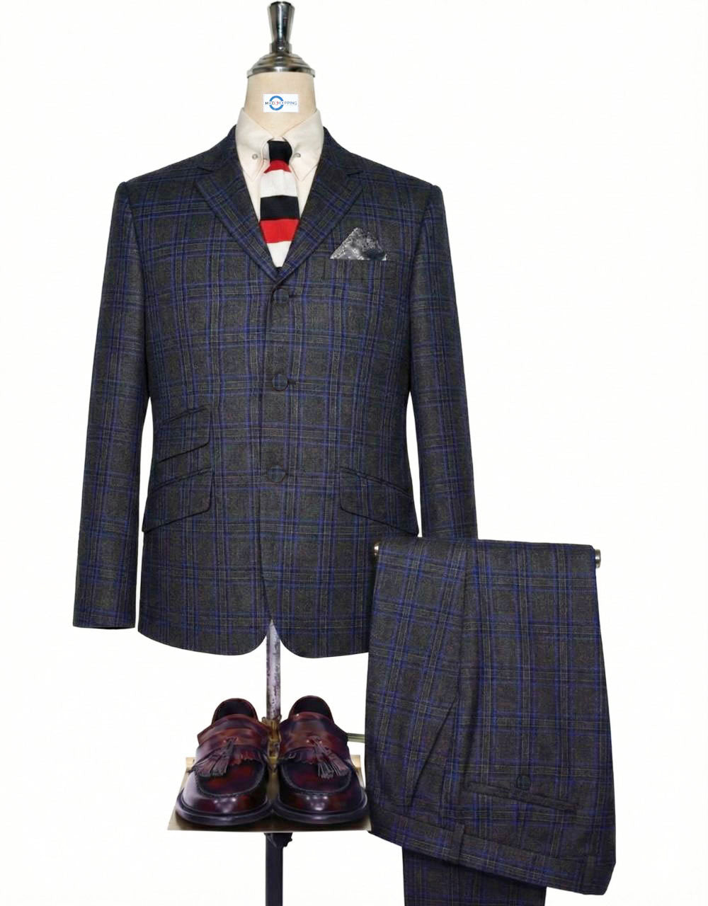Men’s Charcoal Grey and  Navy Blue Plaid Check Suit