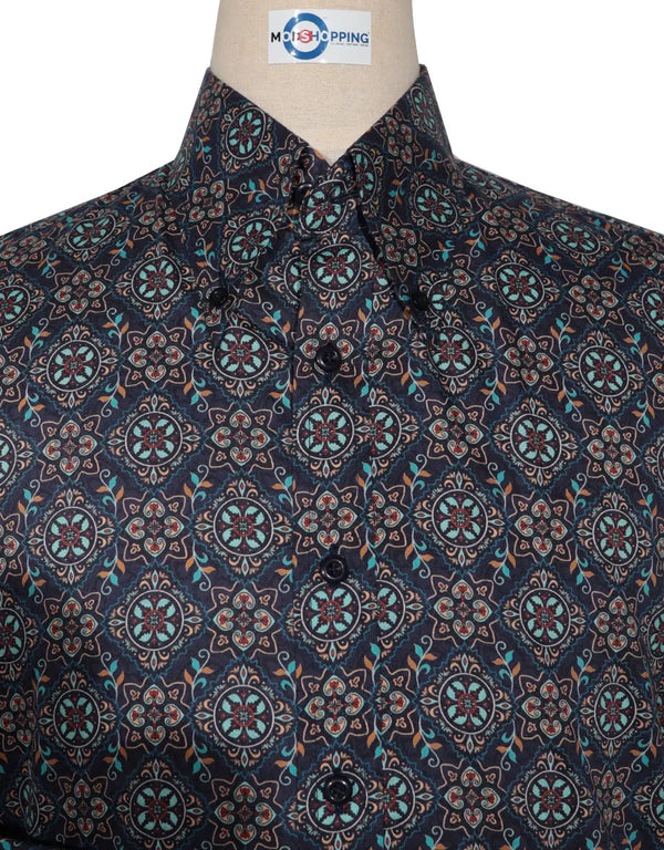 Floral Shirt - 60s  Style Navy Blue Floral Shirt Modshopping Clothing