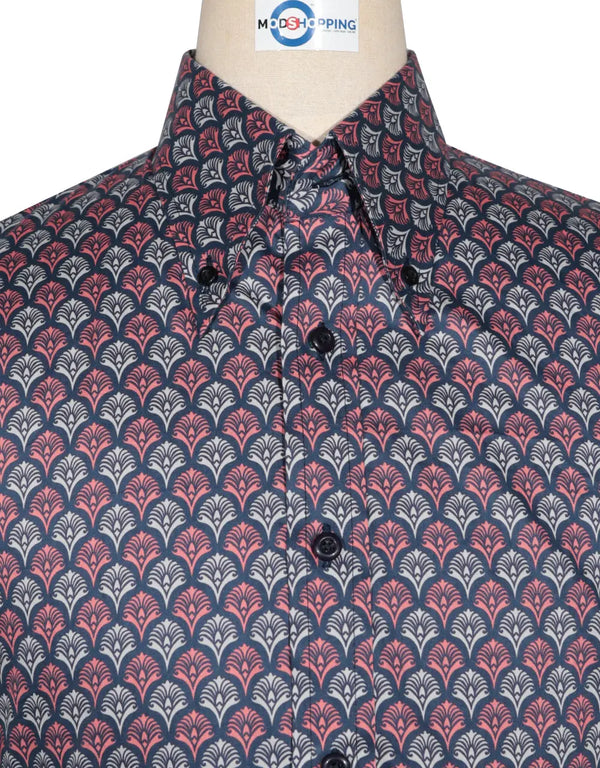 Floral Shirt - 60s  Style Navy Blue, Red and White Floral Shirt Modshopping Clothing