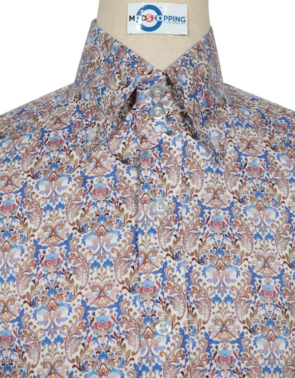 Floral Shirt - 60s  Style Brown and Blue Floral Shirt Modshopping Clothing