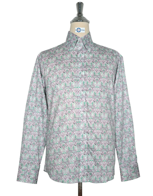 Floral Shirt - 60s  Style Green and Purple Floral Shirt Modshopping Clothing