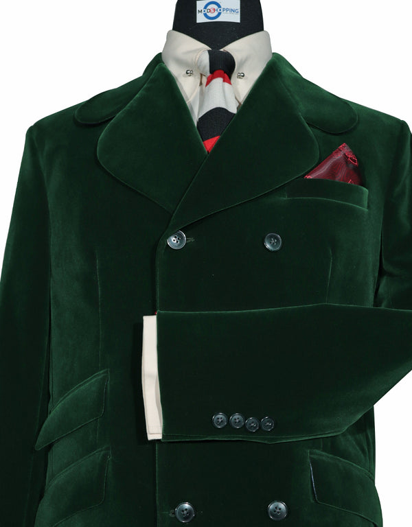 Velvet Jacket - Green Double Breasted Round Notch Lapel Jacket