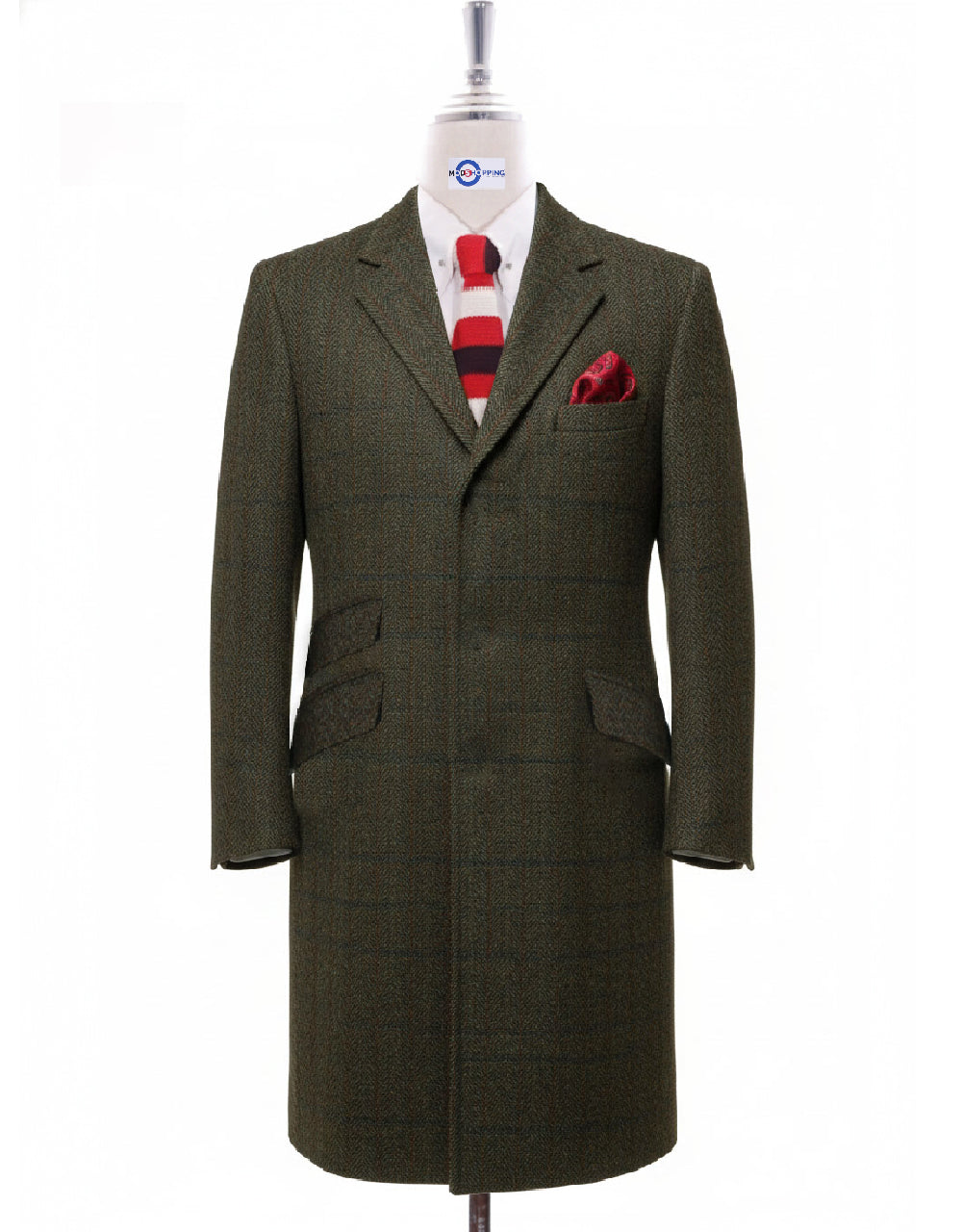 Olive Green Herringbone Overcoat