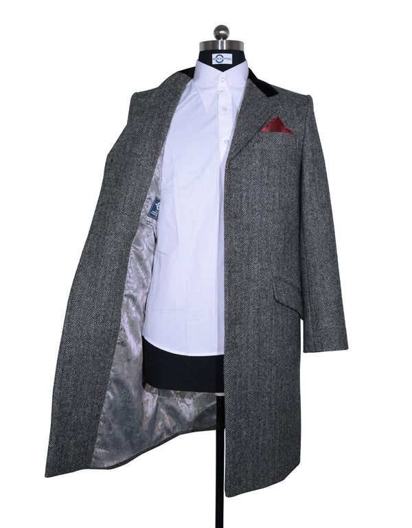 Long Overcoat | Vintage Style Grey Herringbone Tweed Overcoat