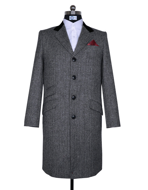 Long Overcoat | Vintage Style Grey Herringbone Tweed Overcoat