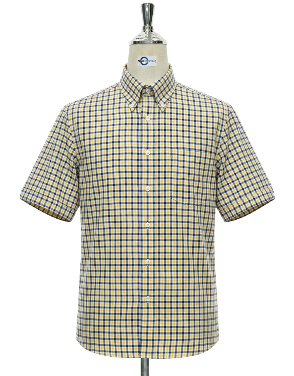 Vintage Mod Yellow and Navy Blue Gingham Short Sleeve Shirt