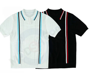 Knitwear - Black and White Stripe Tipped Collar Knitted Polo Shirt Modshopping Clothing