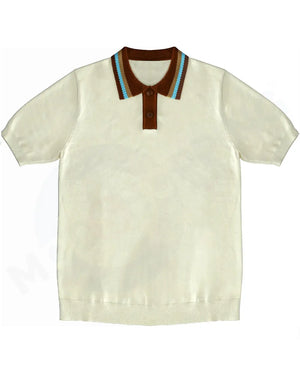 Knitwear - Cream Stripe Tipped Collar Knitted Polo Shirt Modshopping Clothing