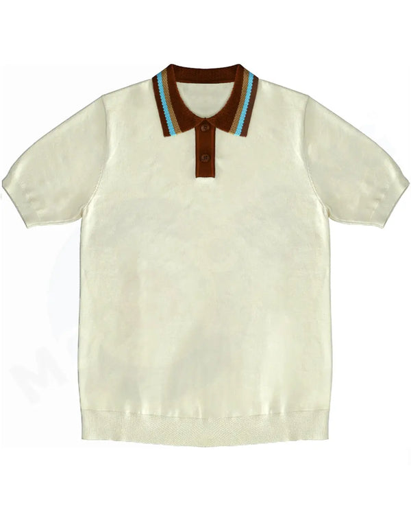 Knitwear - Cream Stripe Tipped Collar Knitted Polo Shirt Modshopping Clothing