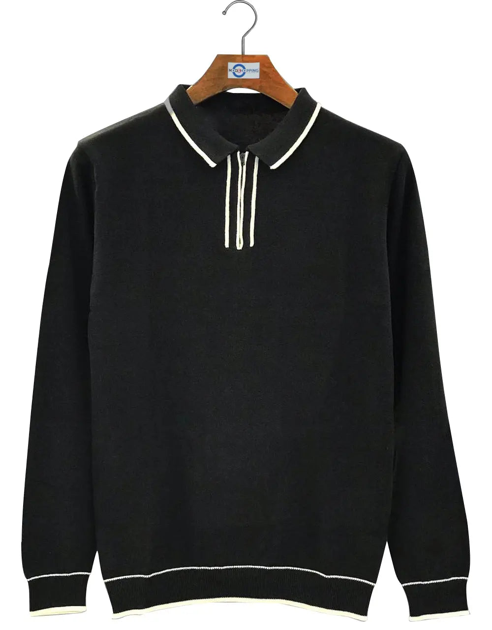 This Shirt Only - Black Stripe Knitwear Tipped Collar Knitted Polo Shirt Size S