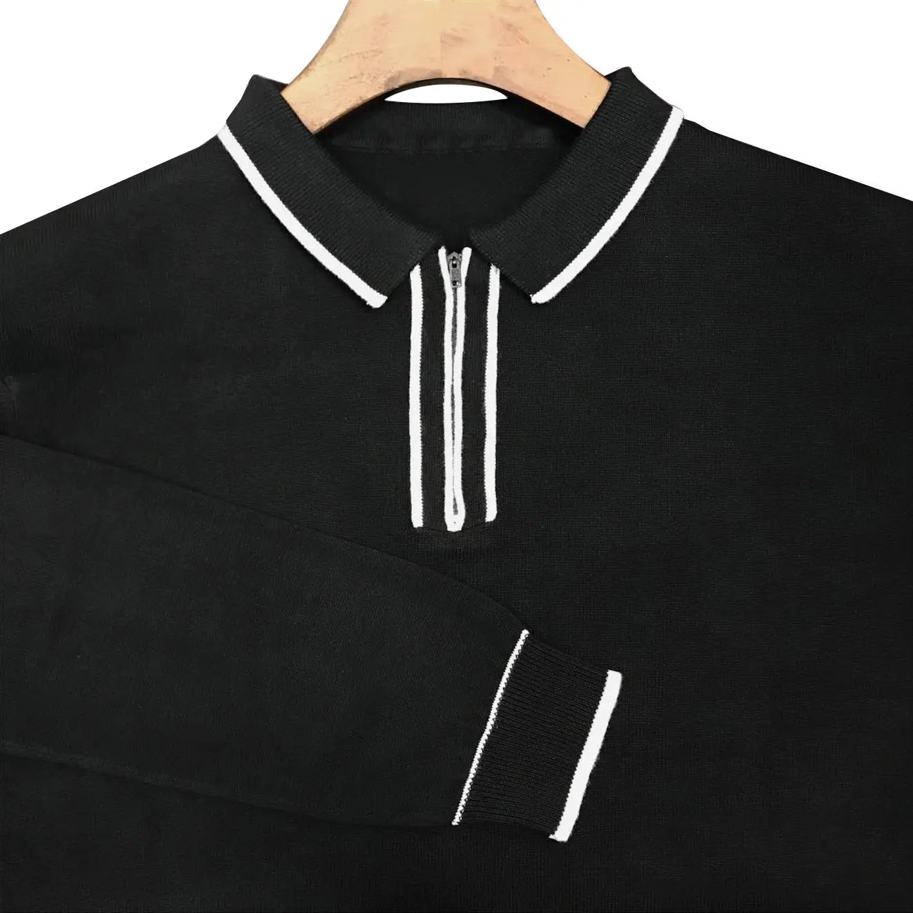 This Shirt Only - Black Stripe Knitwear Tipped Collar Knitted Polo Shirt Size S