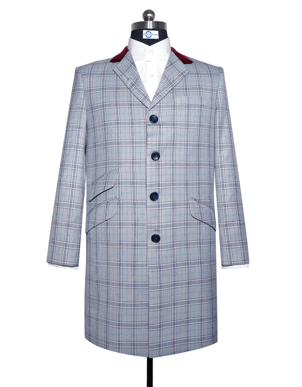 Long Overcoat | Grey and Blue Prince of Wales Check Tweed Overcoat