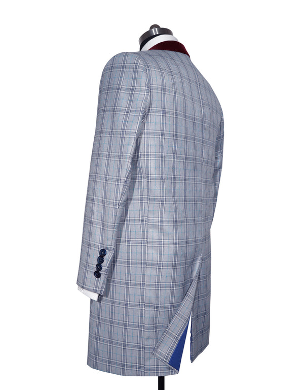 Long Overcoat | Grey and Blue Prince of Wales Check Tweed Overcoat