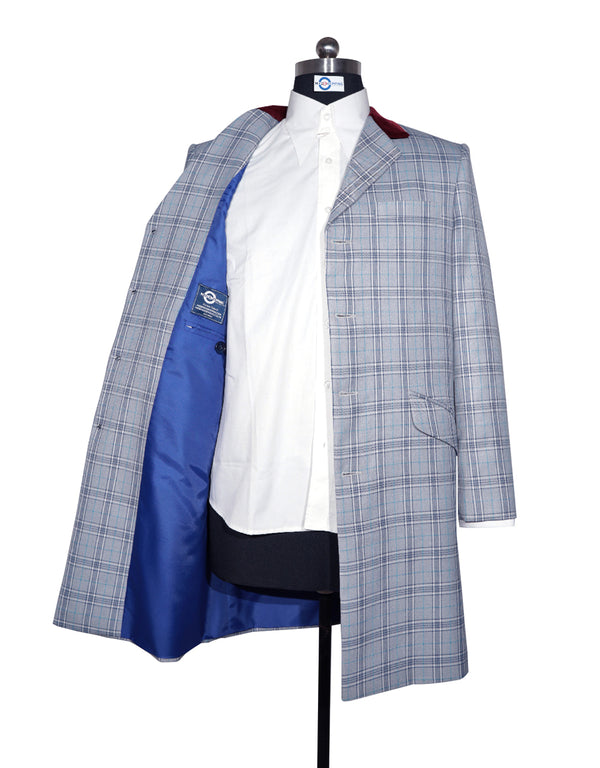 Long Overcoat | Grey and Blue Prince of Wales Check Tweed Overcoat