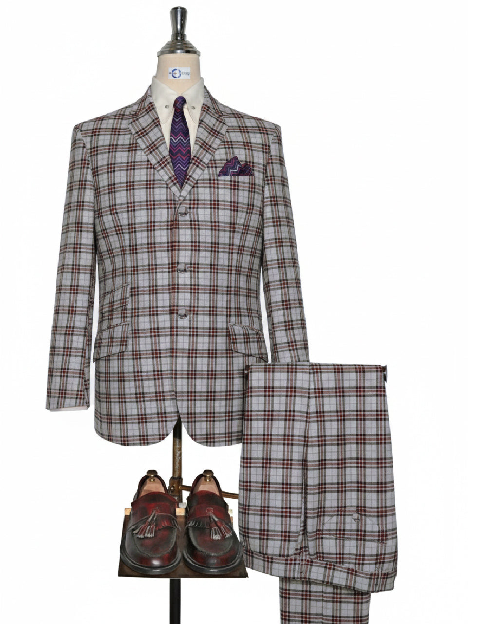 Light Grey, Black & Red Tartan Check Suit