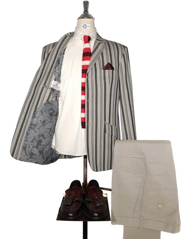 Linen  Brown and Grey Striped Blazer Modshopping Clothing