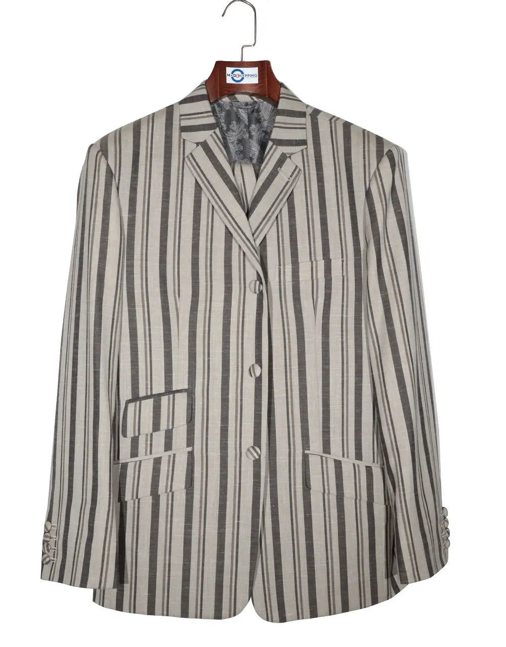Linen  Brown and Grey Striped Blazer Modshopping Clothing
