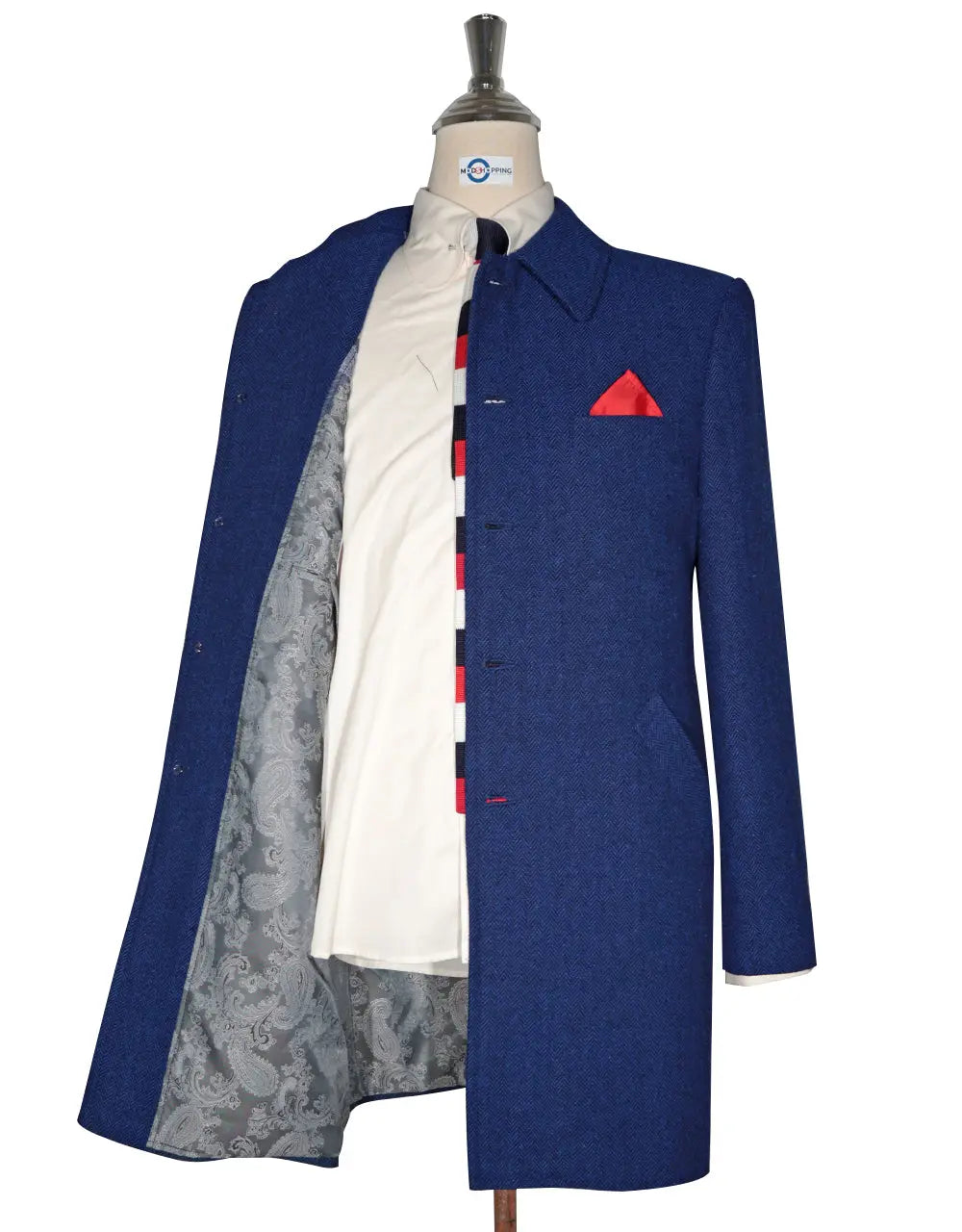 Mac Coat Men's | Vintage Style Blue Herringbone Mac Coat Modshopping Clothing