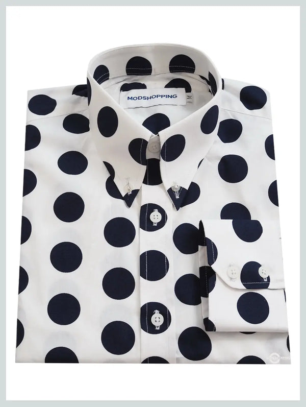 Mod Shirt | Large  White & Navy Blue Polka Dot Shirt For Man Modshopping Clothing