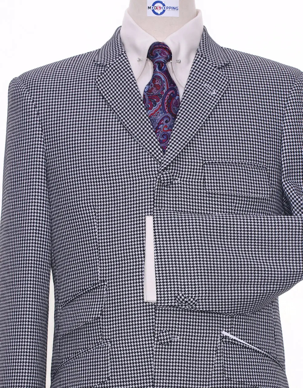Men Suit 60s Mod Fashion Black and White Houndstooth Suit