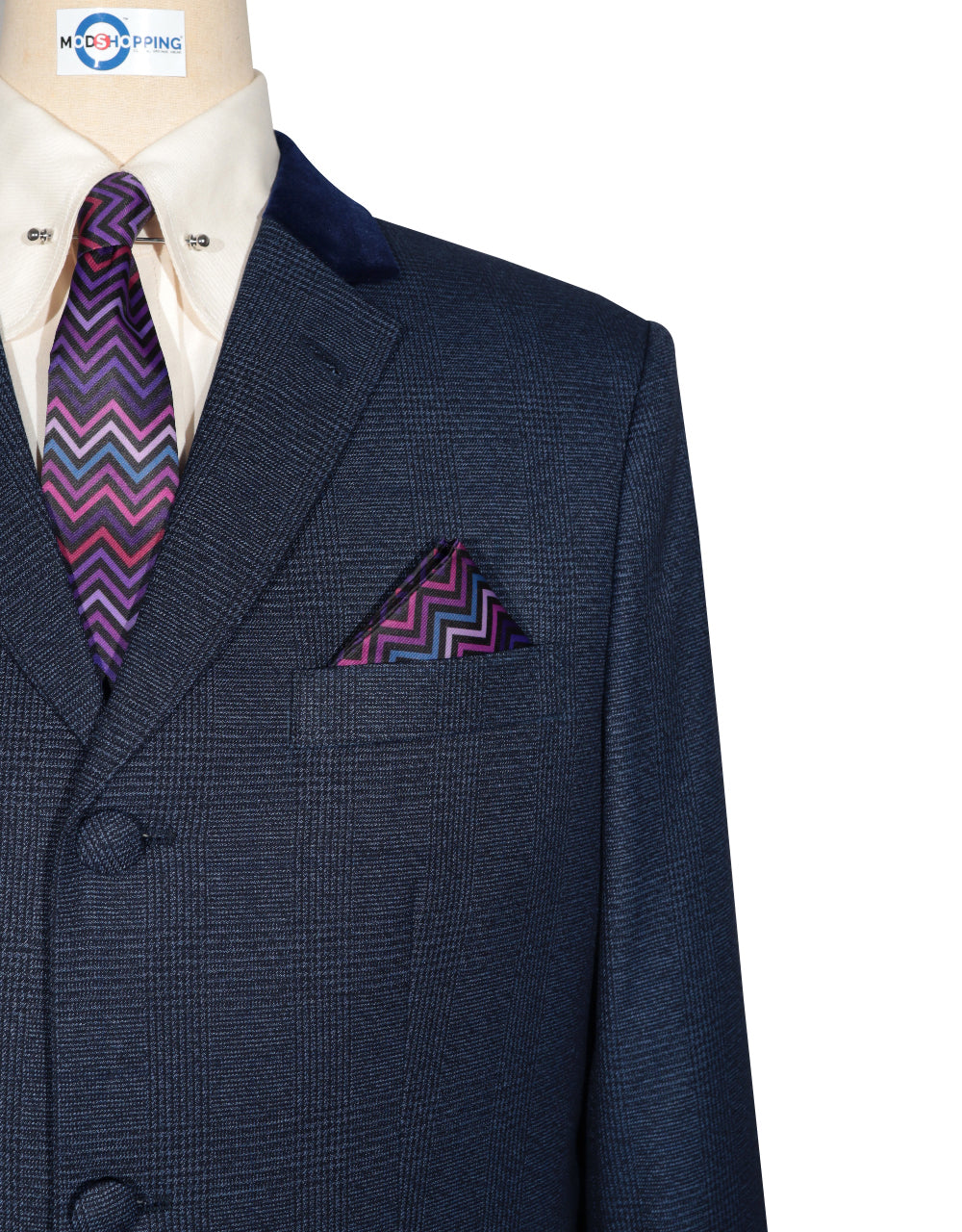 Navy Blue Glen Plaid Check Suit Chest