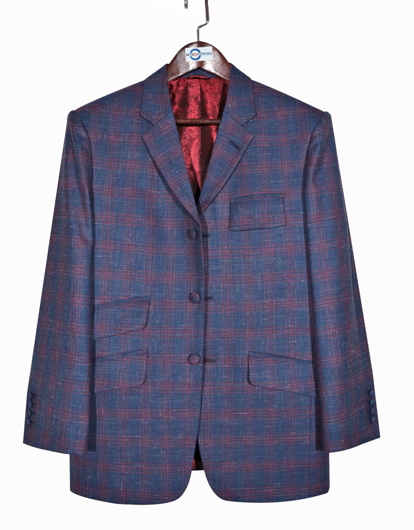 Blue & Burgundy Plaid Check Jacket