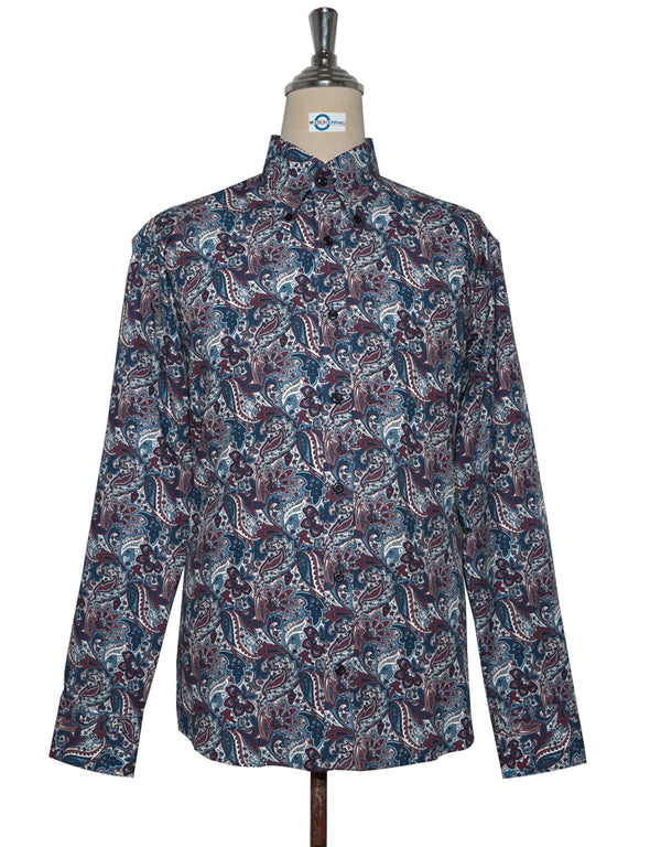 60s Style Navy Blue and Burgundy Paisley Shirt