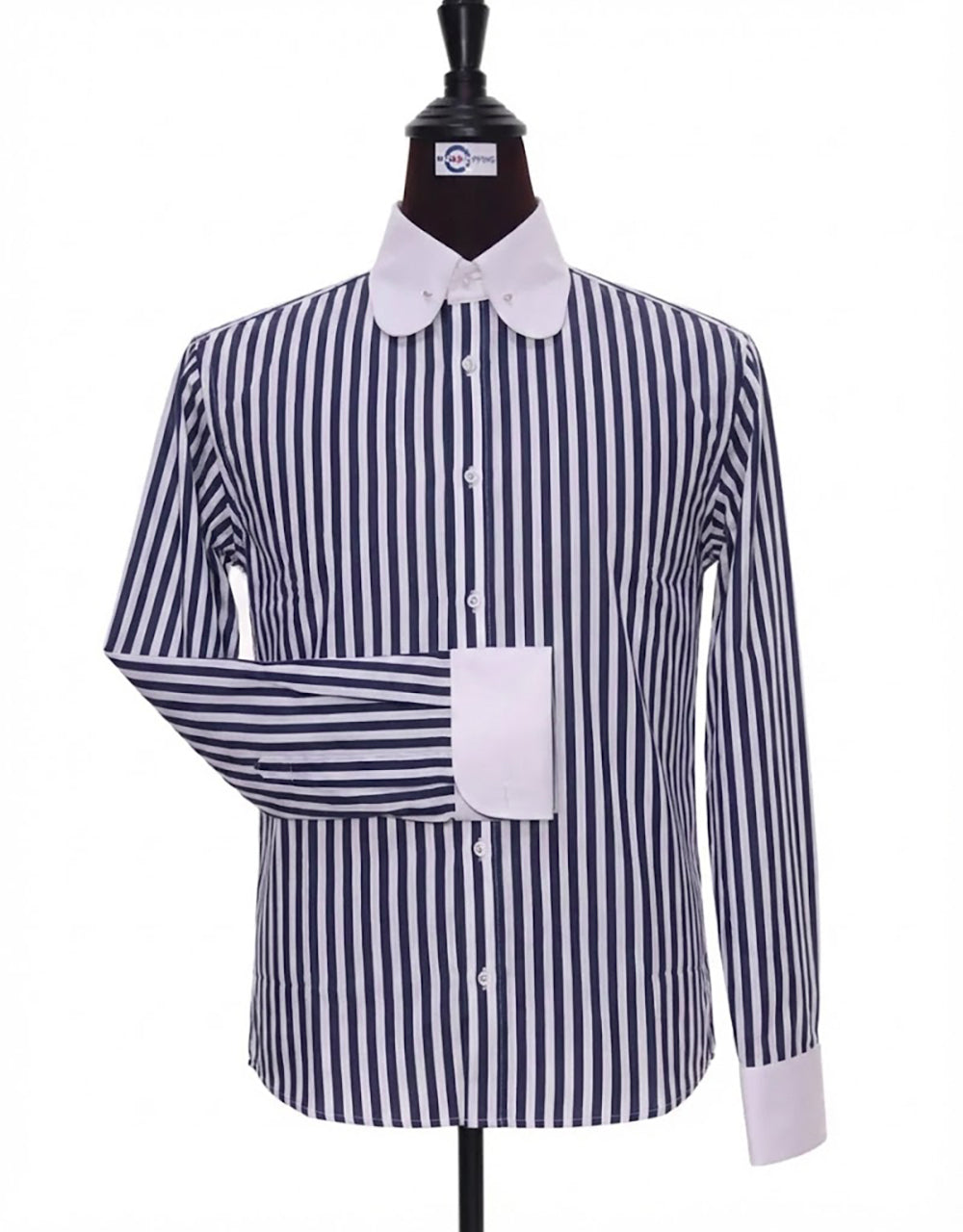 Navy Blue & White Stripe Penny Pin Collar Shirt