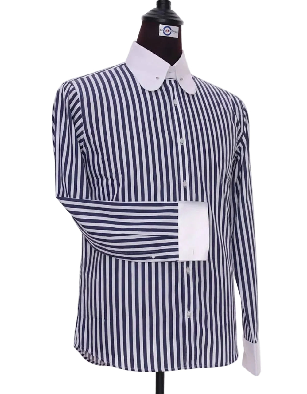 Navy Blue & White Stripe Penny Pin Collar Shirt
