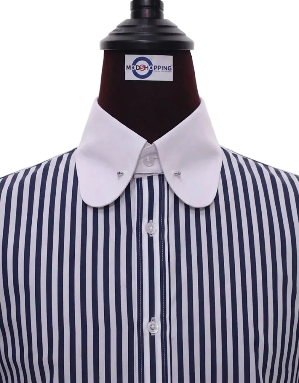 Navy Blue & White Stripe Penny Pin Collar Shirt