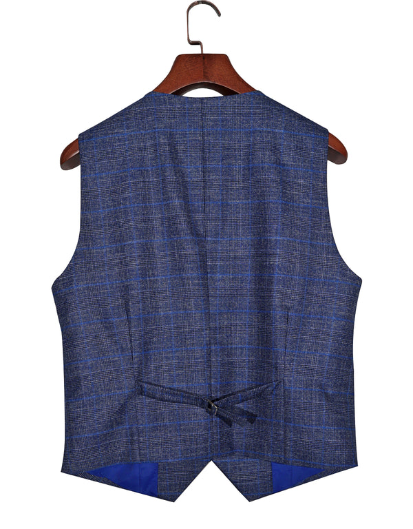 Linen Suit - Navy Blue Prince of Wales Check 3 Piece Suit