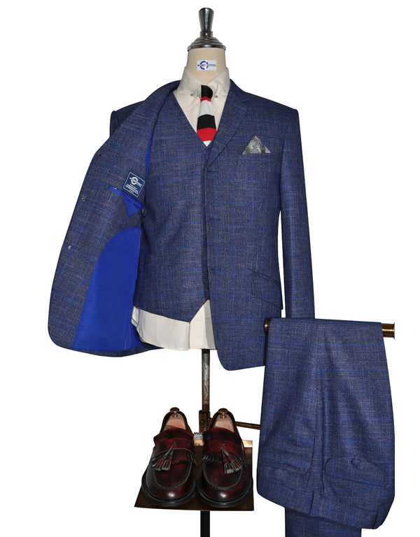 Linen Suit - Navy Blue Prince of Wales Check 3 Piece Suit