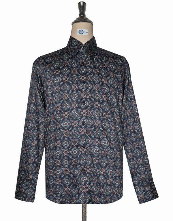 This Shirt Only - 60s Style Navy Blue Floral Shirt Size M