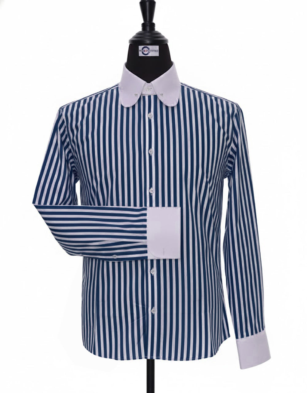 Navy Blue & White Striped Penny Pin Collar Shirt
