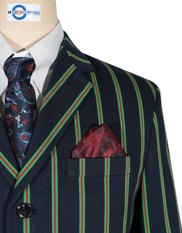 Boating Blazer - Dark Navy Blue and Green Striped Blazer