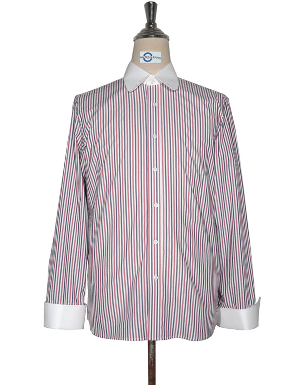 Penny Pin Collar Shirt - Navy Blue, White and Pink Stripe Shirt