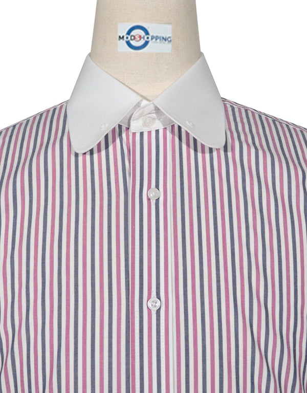 Penny Pin Collar Shirt - Navy Blue, White and Pink Stripe Shirt