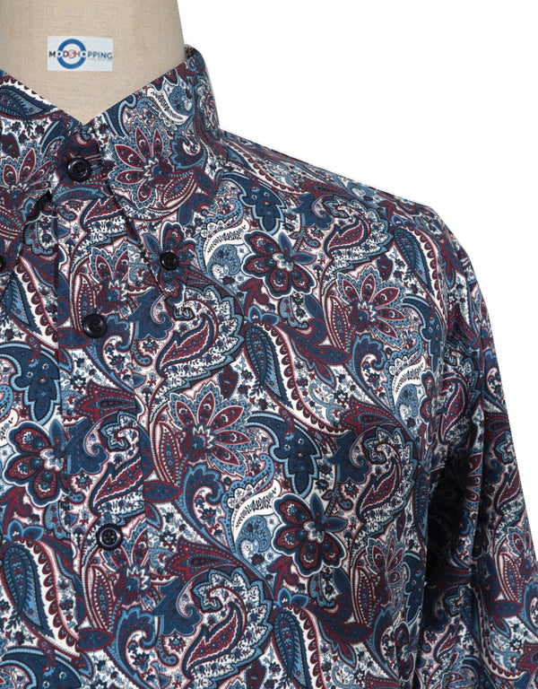 60s Style Navy Blue and Burgundy Paisley Shirt