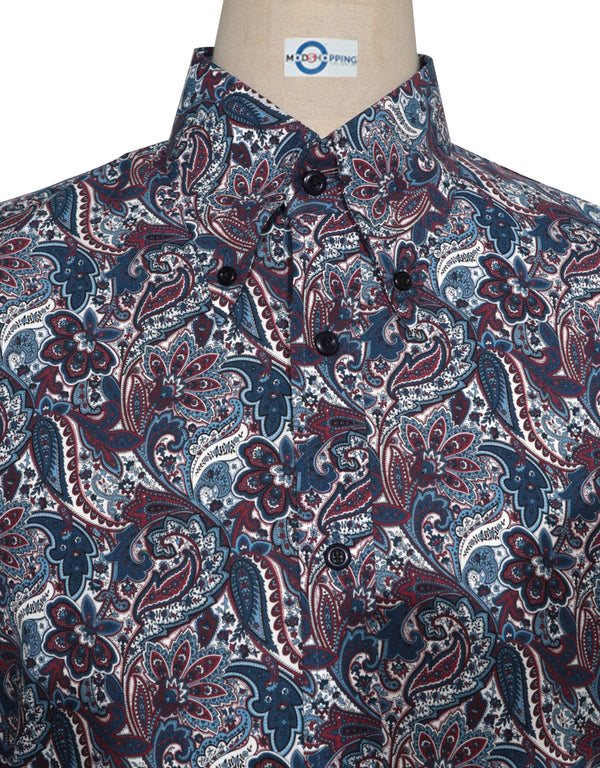 60s Style Navy Blue and Burgundy Paisley Shirt