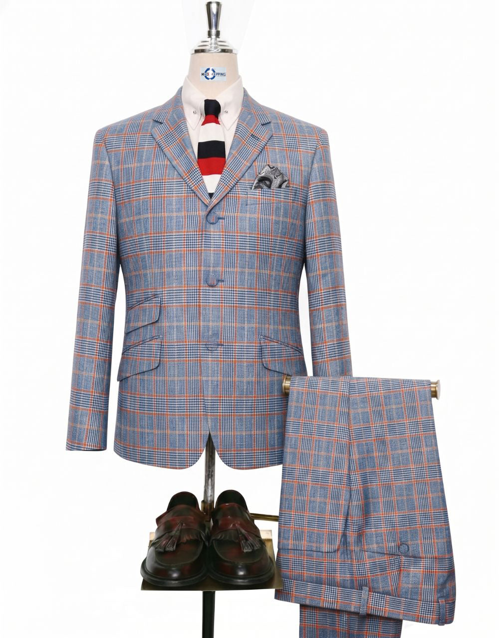  Navy Blue & Orange Prince of Wales Check Suit