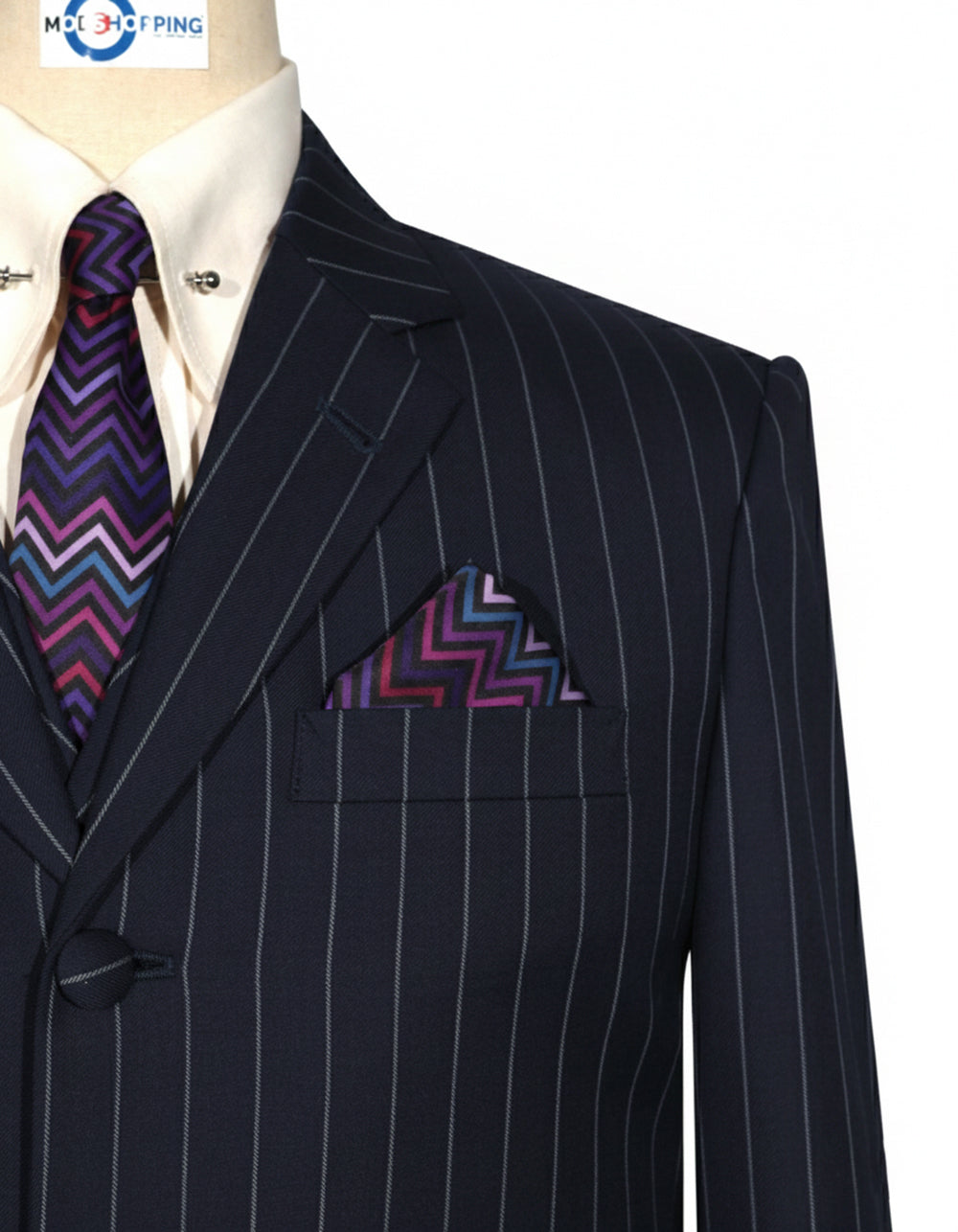 Dark Navy Blue and Light Grey Stripe 3 Piece Suit