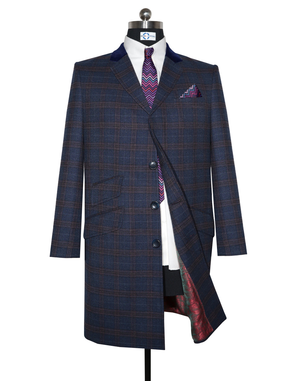 Navy Blue and Brown Prince of Wales Check Coat