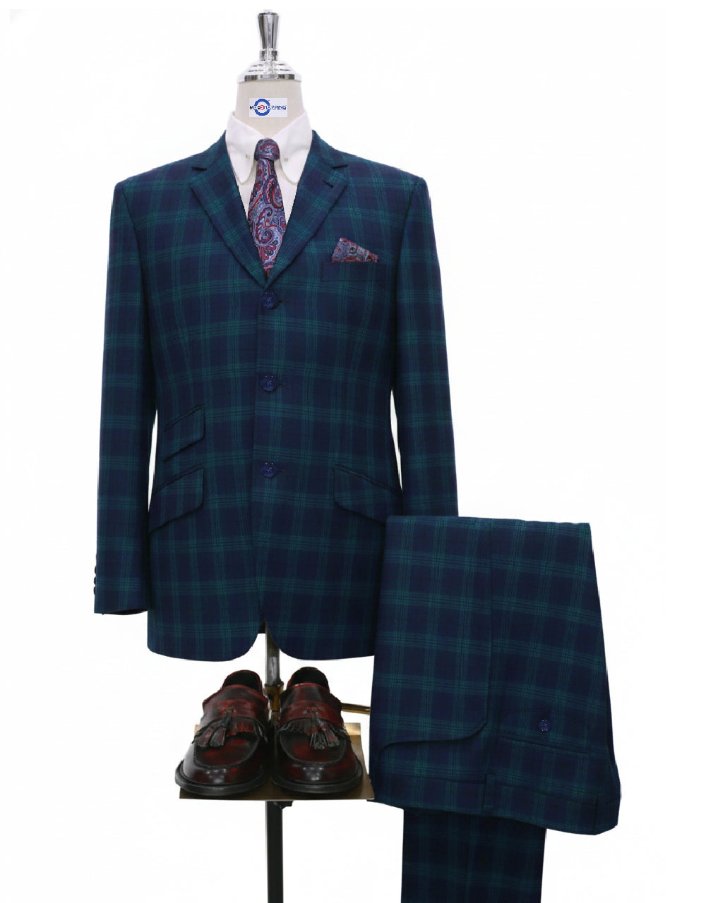 Navy Blue and Green Plaid Check Suit