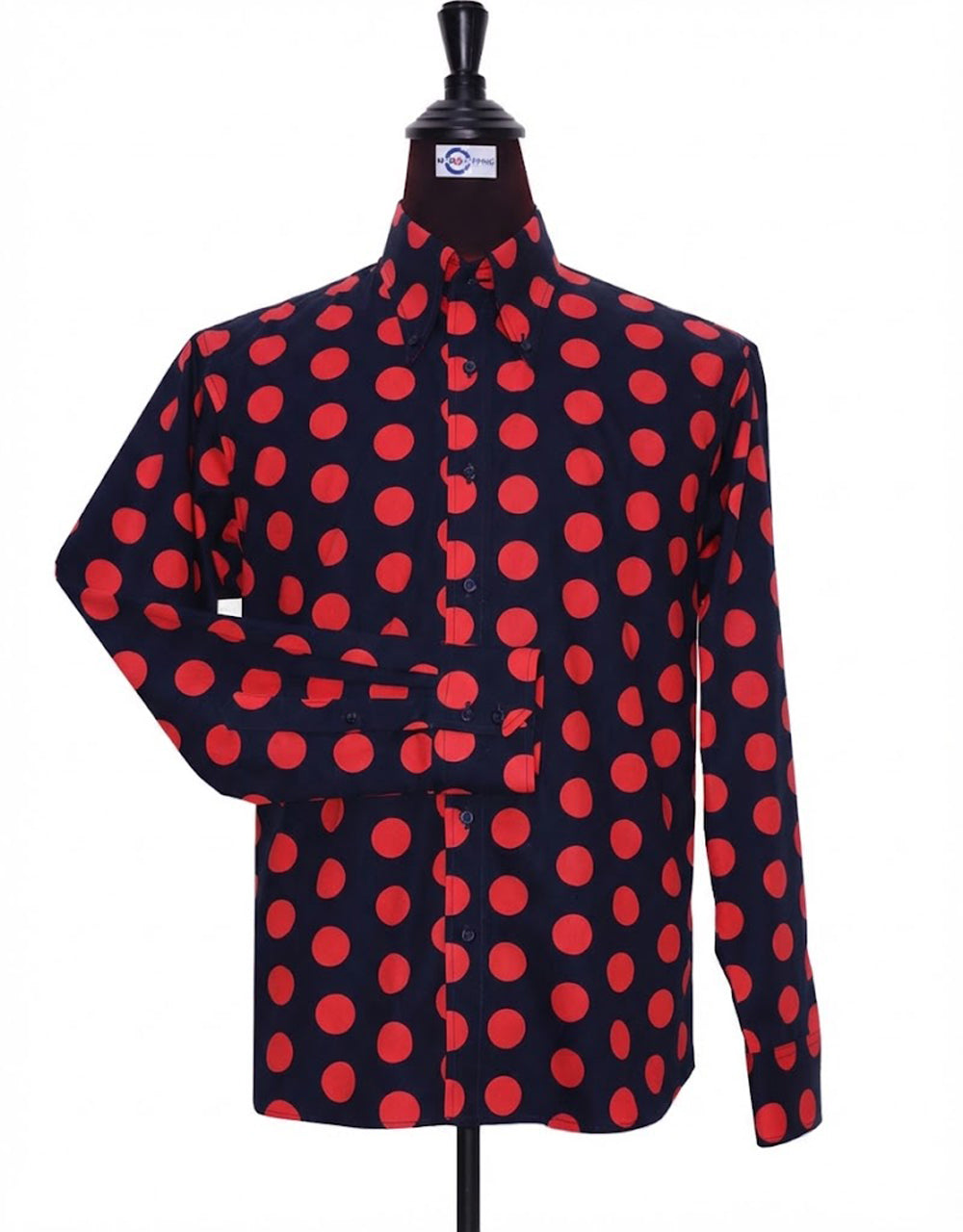 Navy Blue and Red Polka Dot Shirt