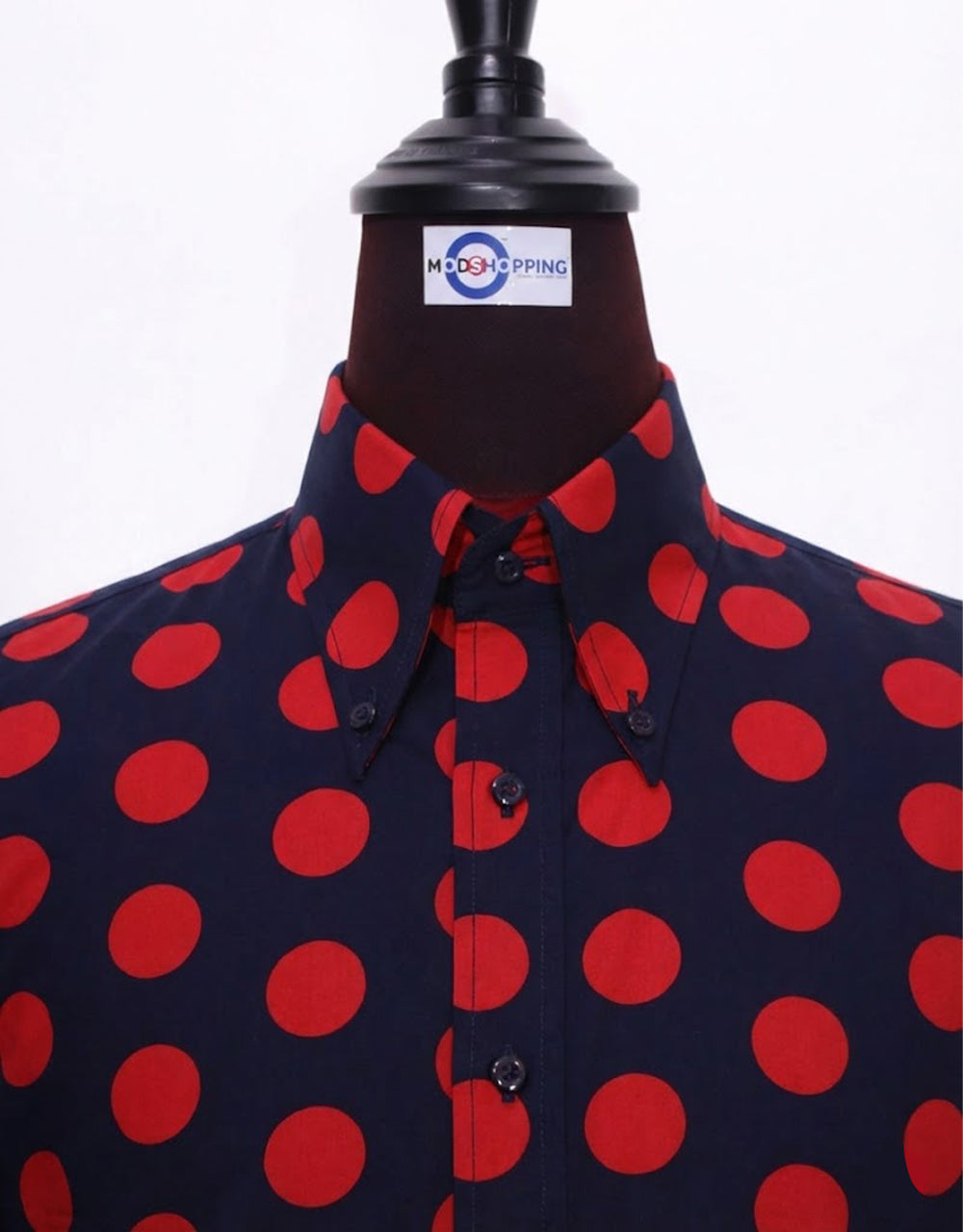 Navy Blue and Red Polka Dot Shirt