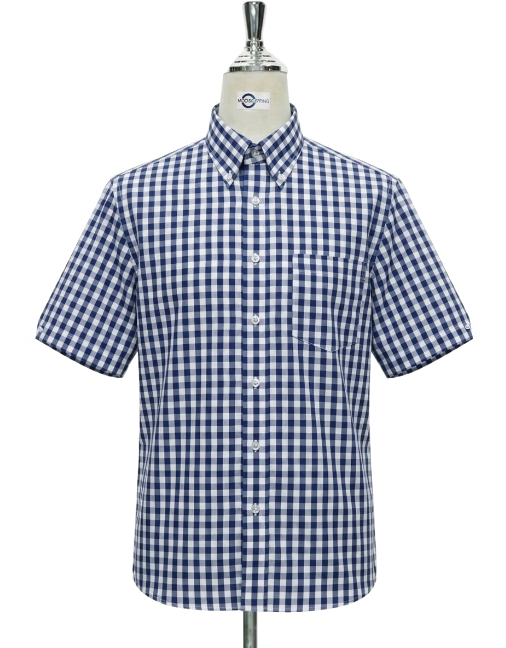  Navy Blue and White Gingham Short Sleeve Shirt