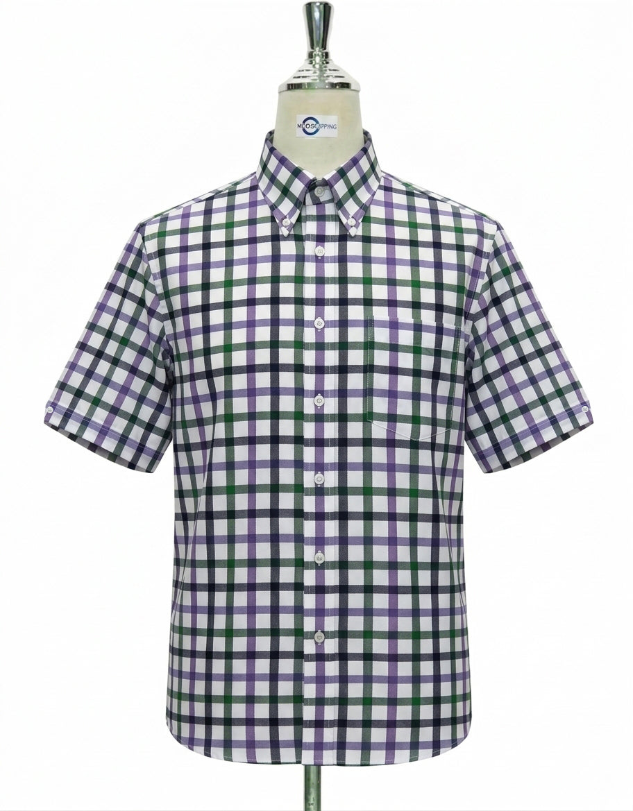 Navy blue, Green and Purple Gingham Short Sleeve Shirt