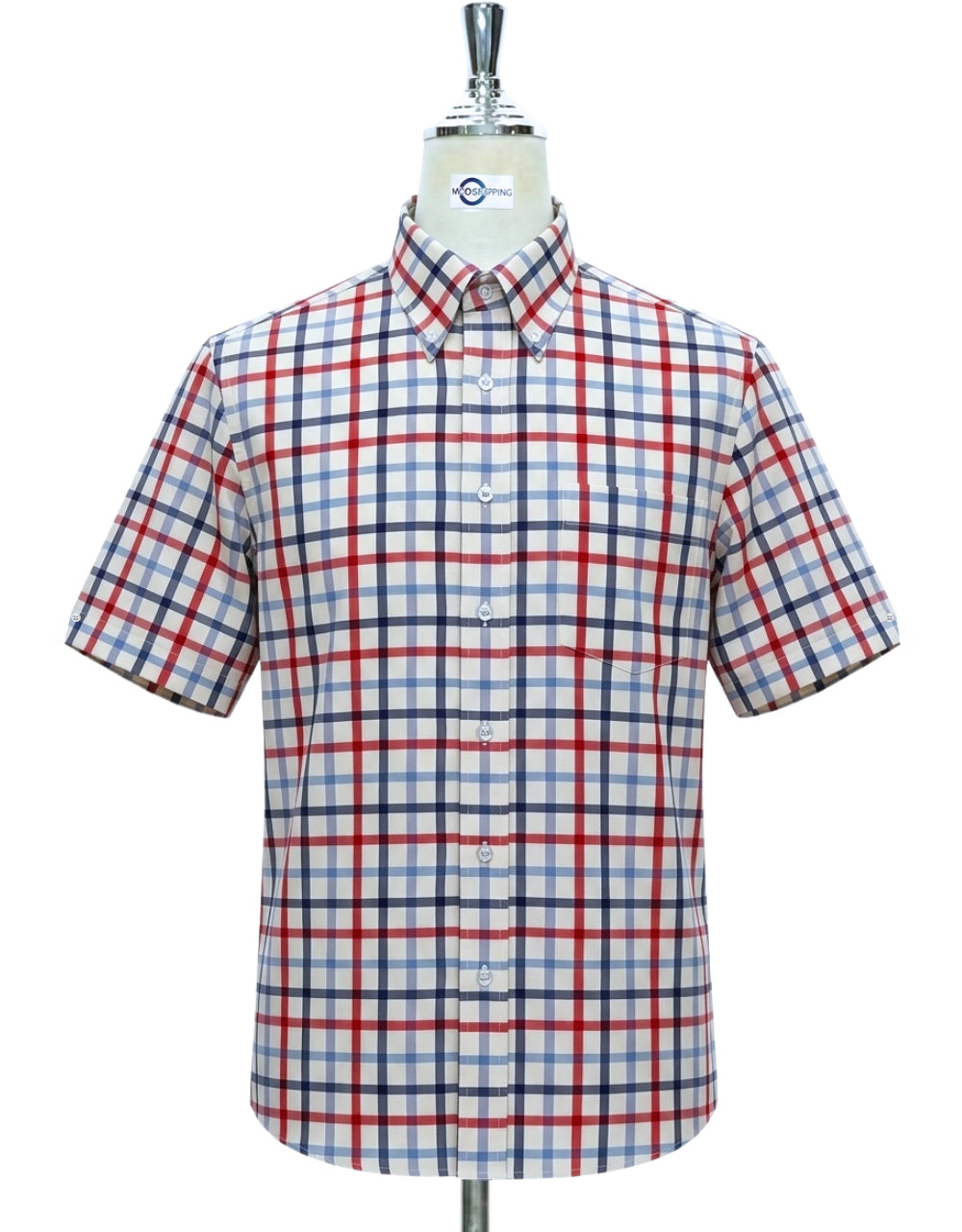 Navy blue, Sky Blue and Red Gingham Short Sleeve Shirt